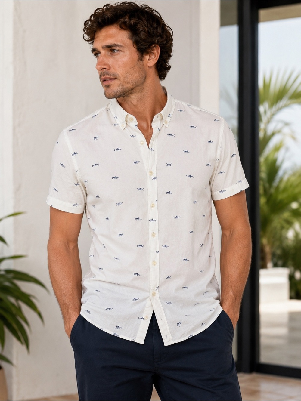 Bonobos Slim Fit Shark Print Button-Up Shirt Men’s M White Cotton Short Sleeve